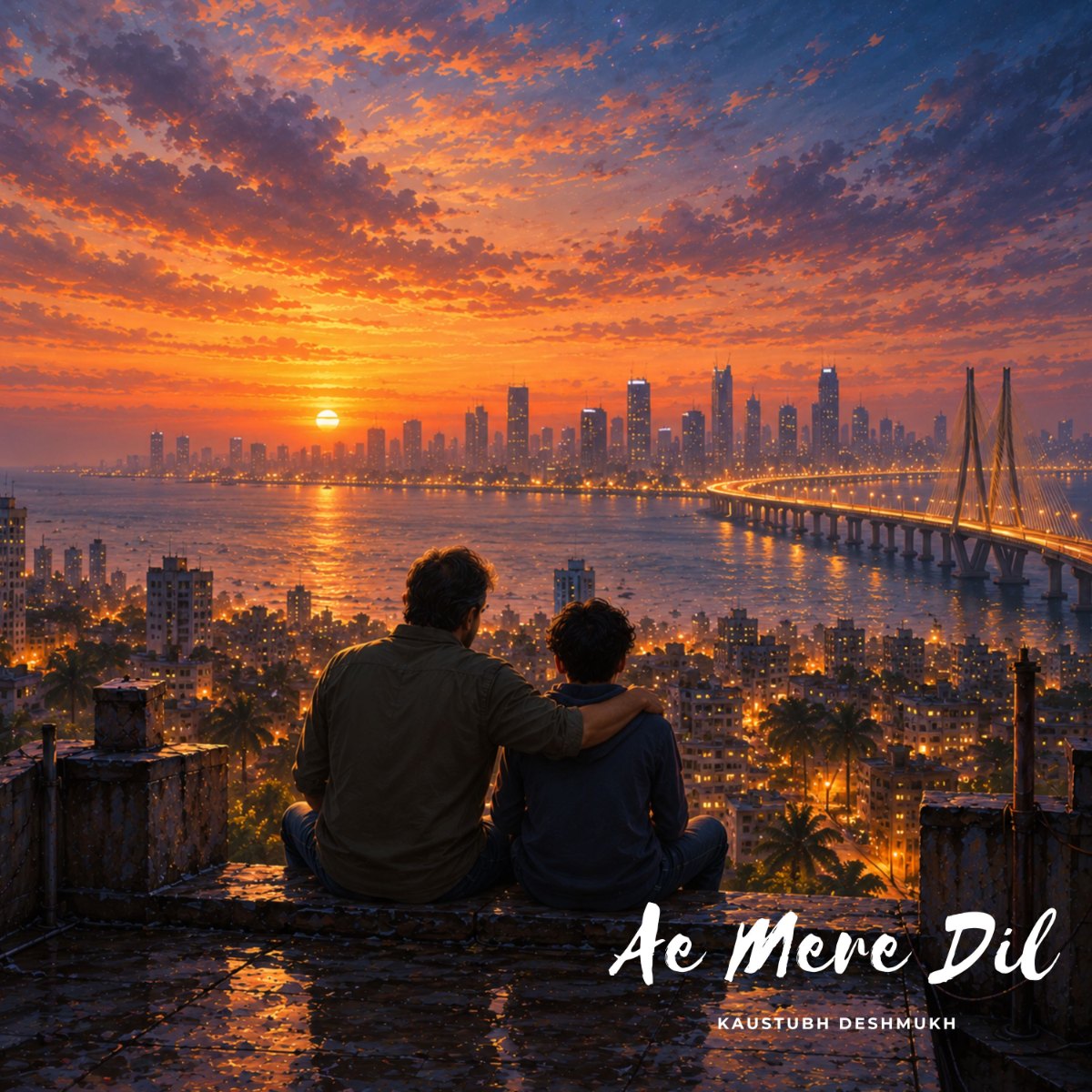 Ae Mere Dil cover: a father with his arm around his son, looking over Mumbai’s waterfront at sunset.